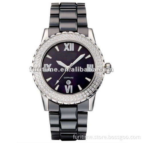 ceramic band,ceramic bandluxury ceramic watch with date,jewelry watch with stones,women fashion band watch,shappire glass